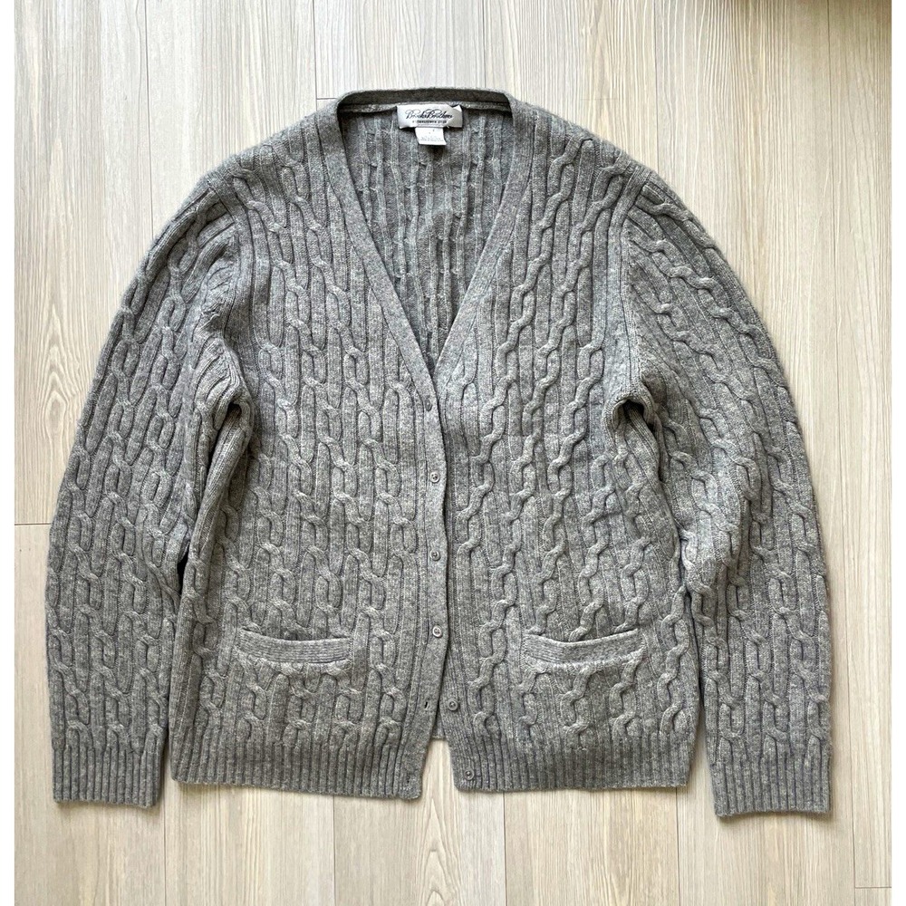 Brooks Brothers Men's Gray CableKnit Wool Cashmere V-Neck Cardigan Size L Preppy